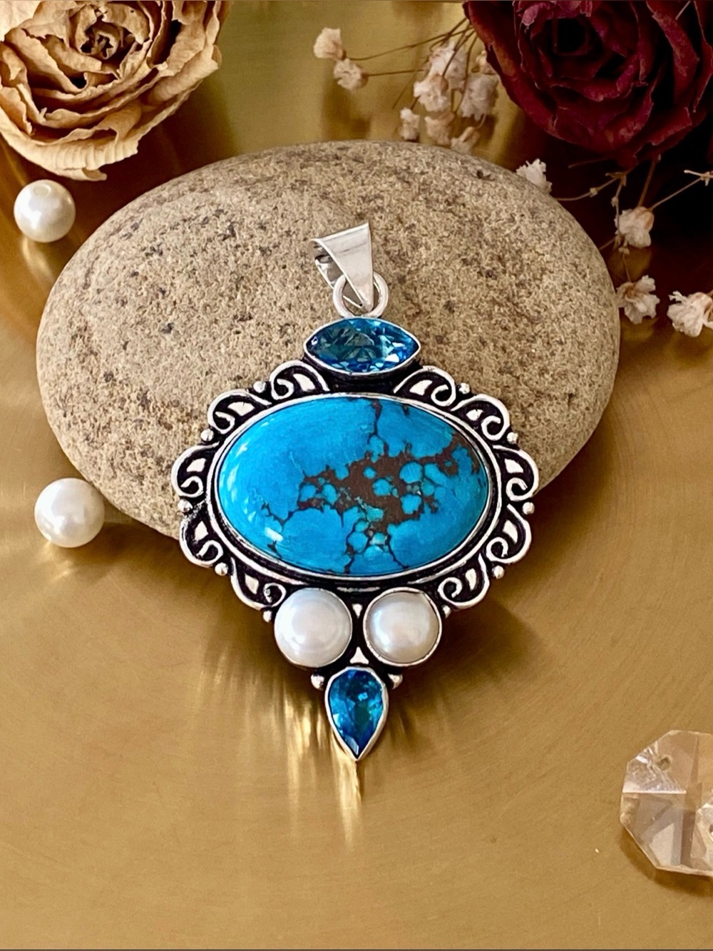 Turquoise, Biwa Pearl And Blue Topaz Pendant